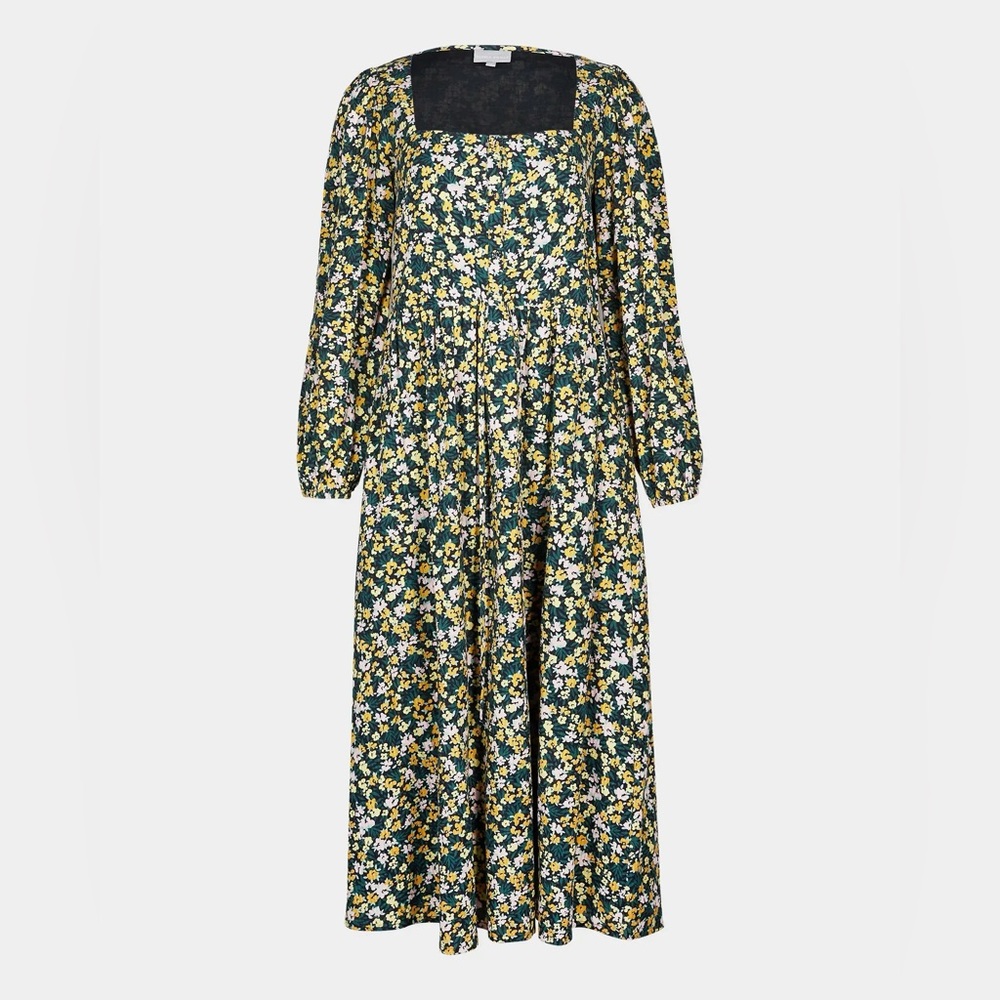 Oliver Bonas Painted Floral Print Square Neck Green Midi Dress